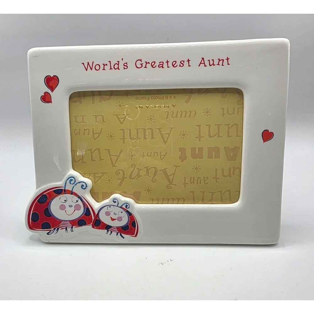 Amscan Worlds Greatest Aunt Ceramic 4x6 Photo Frame White Red Ladybug Hearts